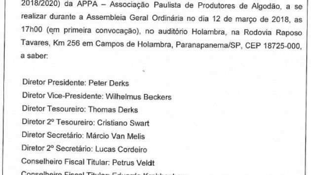 Edital de AGO com chapa única registrada para o pleito eletivo biênio 2018/20
