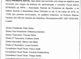 Edital de AGO com chapa única registrada para o pleito eletivo biênio 2018/20